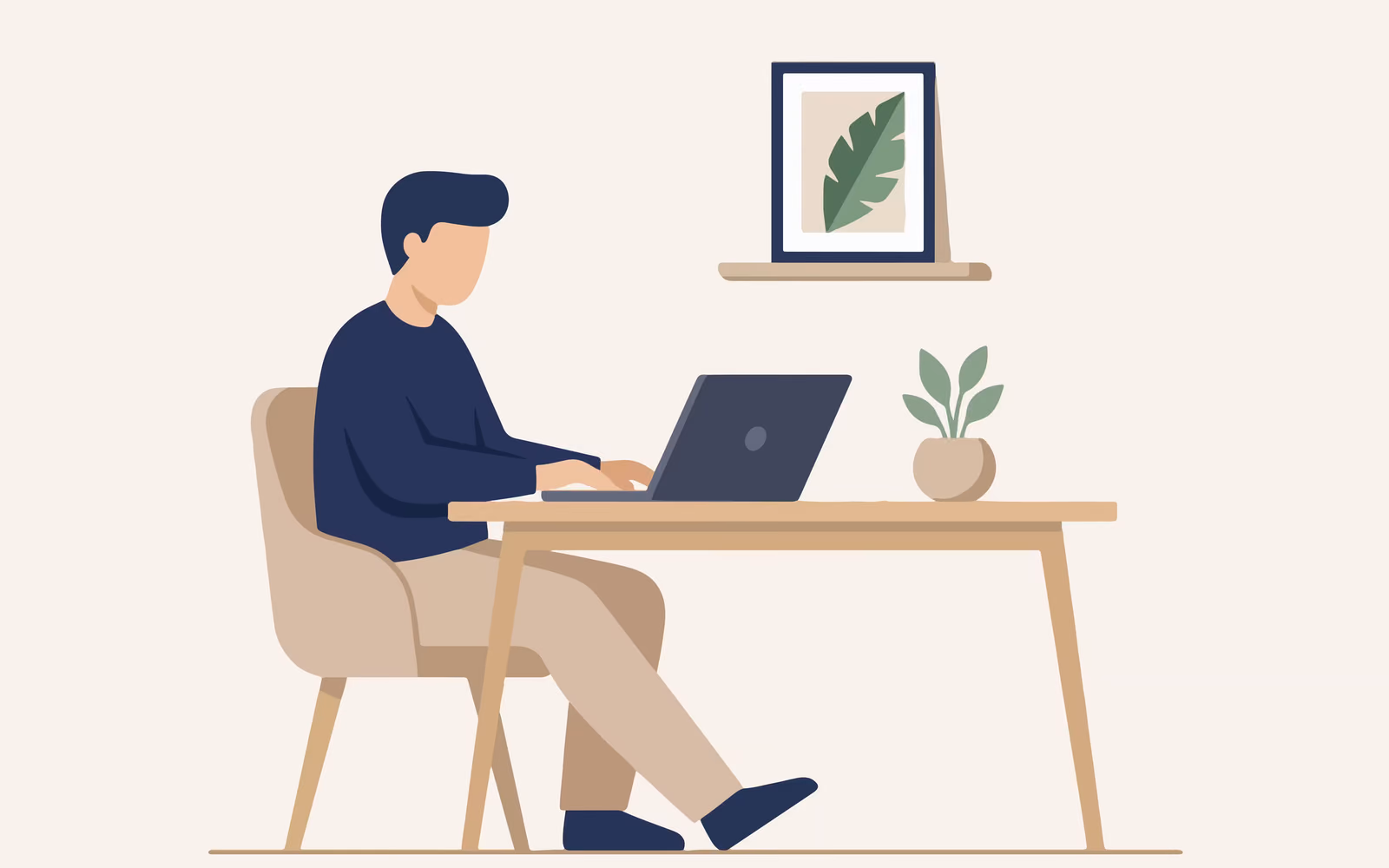 Ilustracija čoveka koji radi na laptopu za stolom