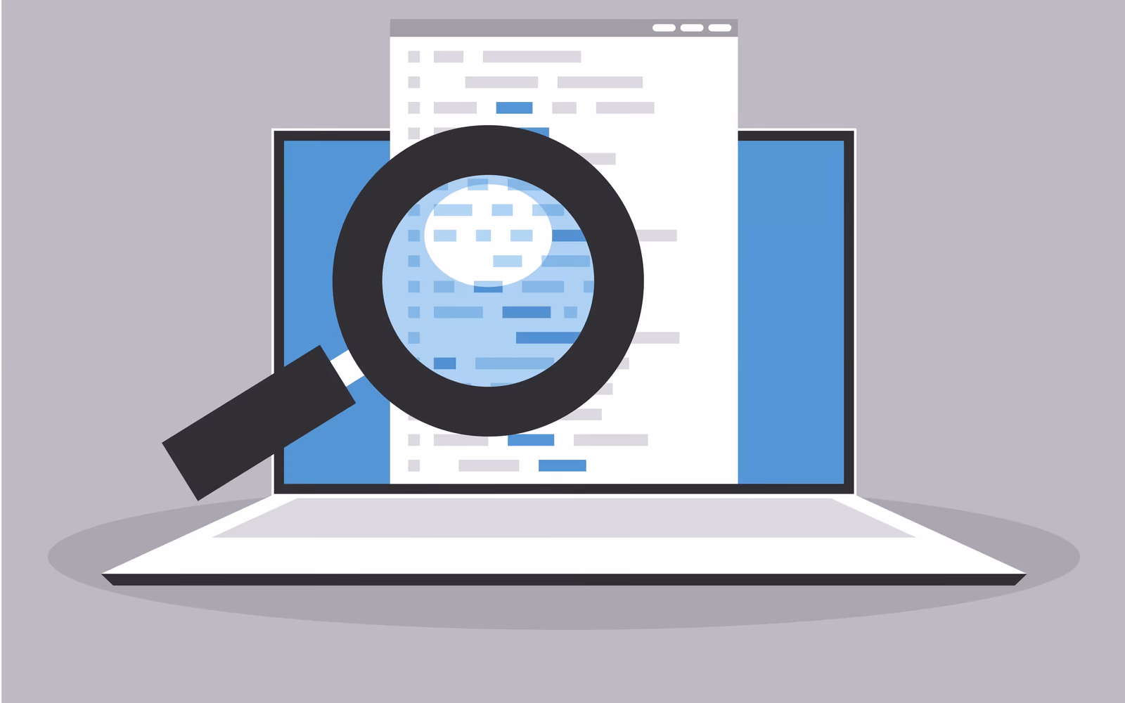 Illustration of a magnifying glass over a web page on a laptop screen
