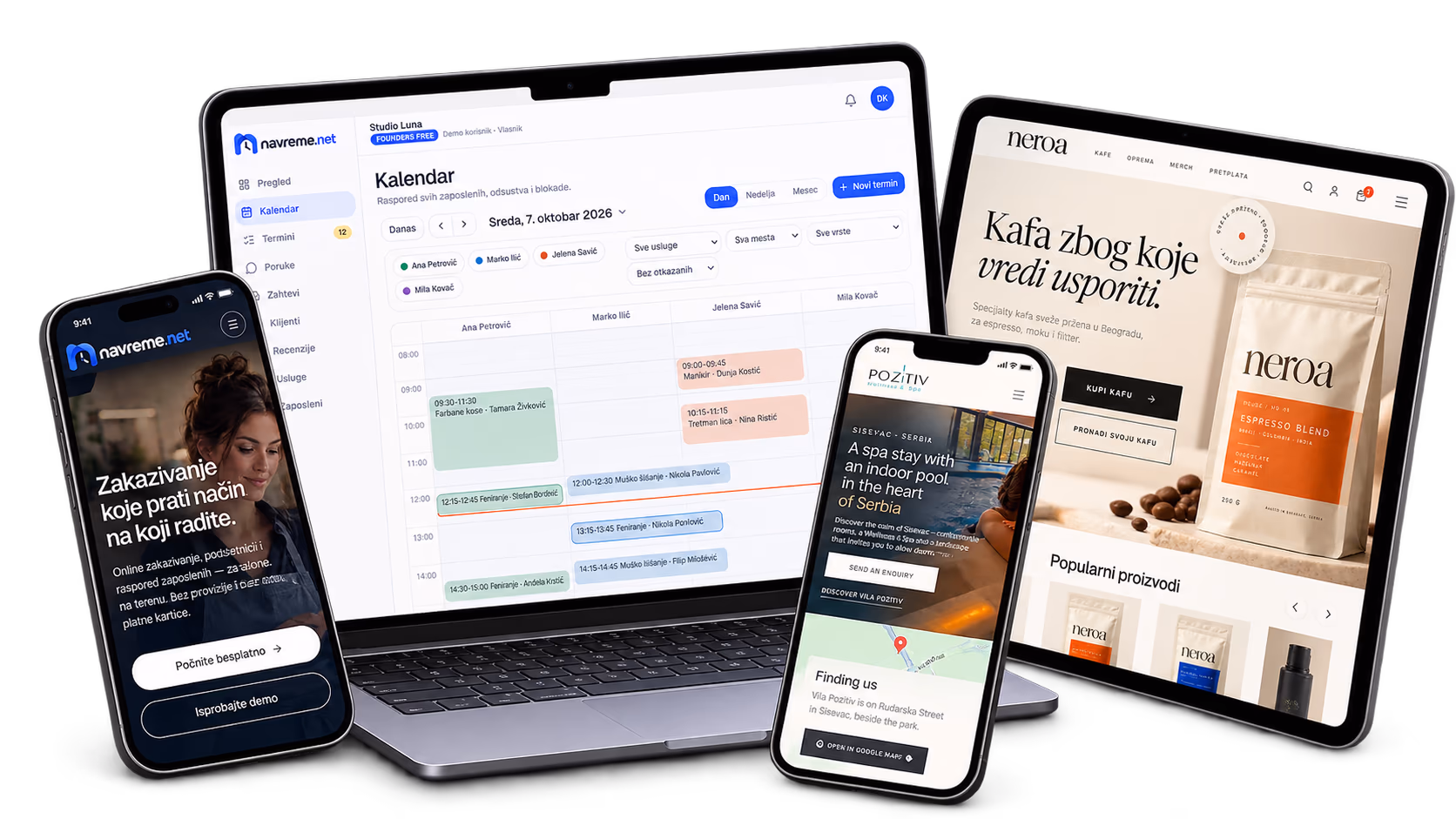 Websites we built — navreme.net, NEROA and Vila Pozitiv — on a laptop, tablet and phones
