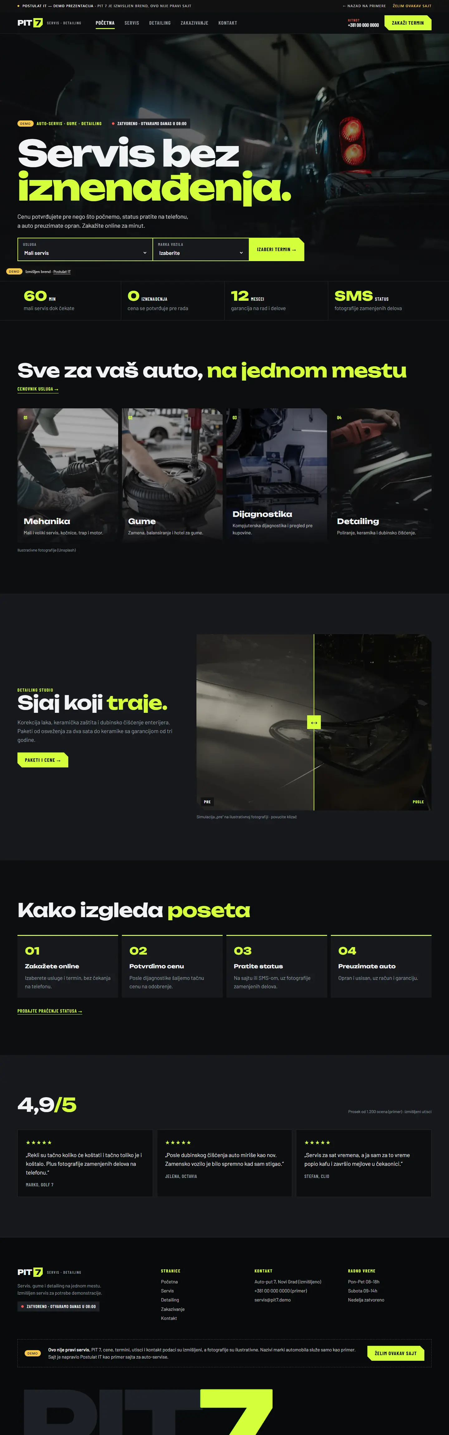 Demo sajt auto-servisa PIT 7 na računaru