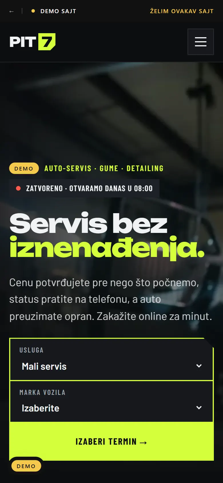 Demo sajt auto-servisa PIT 7 na telefonu