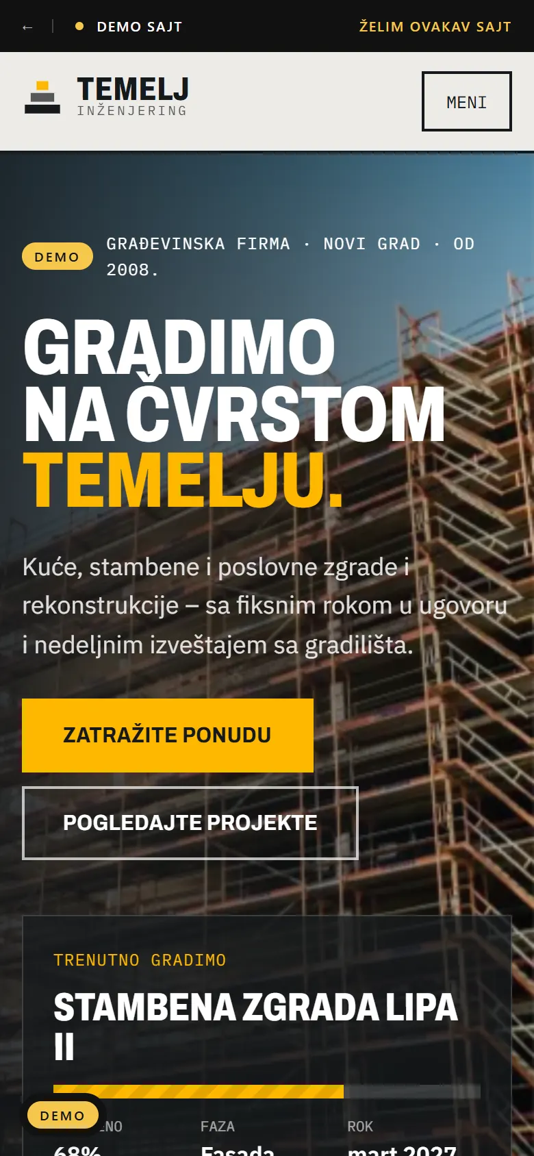 Demo sajt građevinske firme Temelj na telefonu