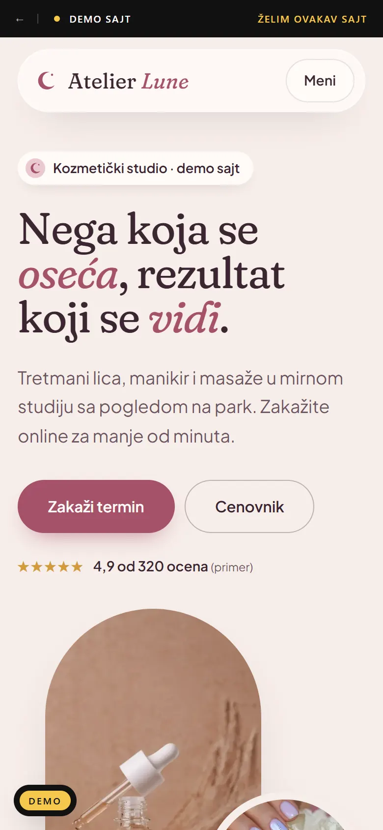 Demo sajt salona Atelier Lune na telefonu